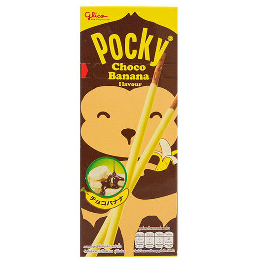 Pocky Choco Banana flavor packaging with a cartoon bear design on a white background