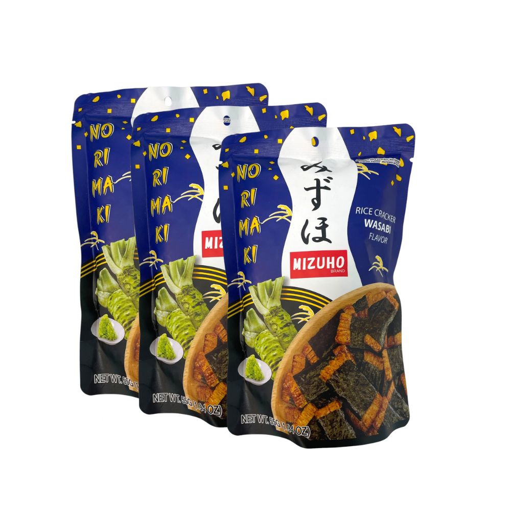 Mizuho Norimaki Wasabi Rice Crackers 55g x 3 Packs | Japanese Style Seaweed Wrapped Rice Crackers | Spicy Wasabi Snack 165g