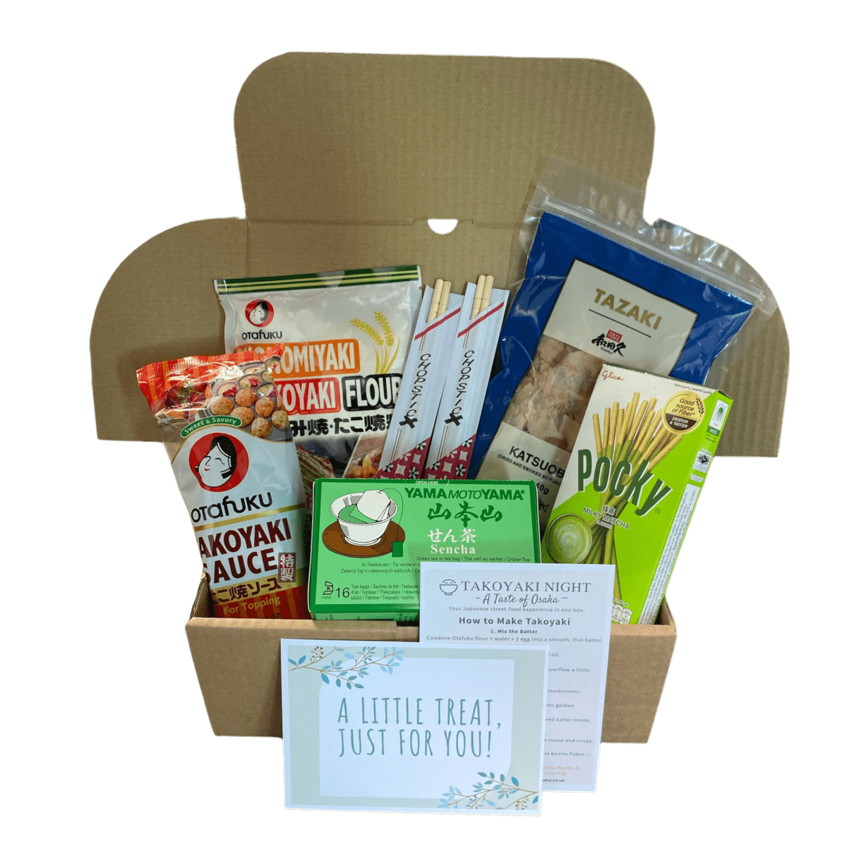 Japanese Takoyaki Foodie Gift Box – Takoyaki Sauce, Batter Mix, Bonito Flakes, Sencha Tea, Matcha Pocky & 2 Chopsticks – Osaka Street Food Cooking Kit - Xihaha Oriental Food & Gifts