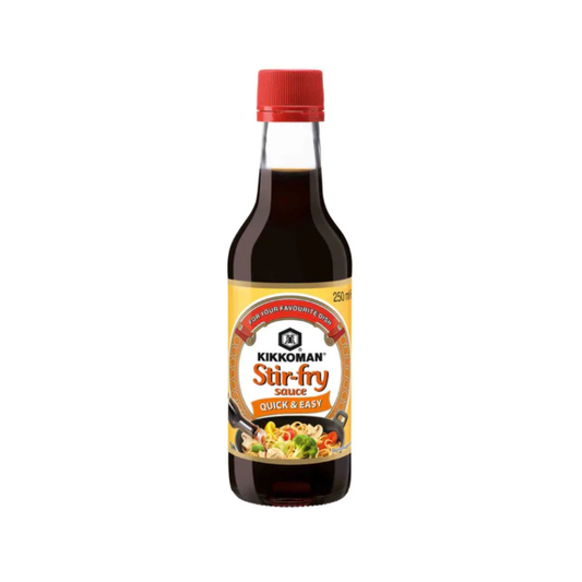 Kikkoman stir-fry sauce bottle on a white background
