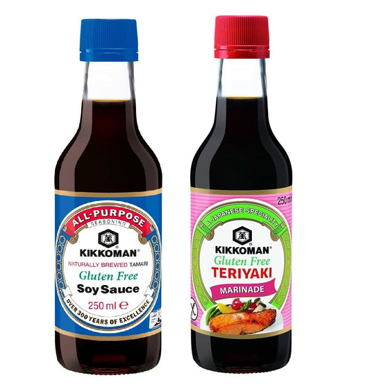 Kikkoman Gluten Free Tamari Soy Sauce 250ml and Teriyaki Marinade 250 ml (Twice packs)