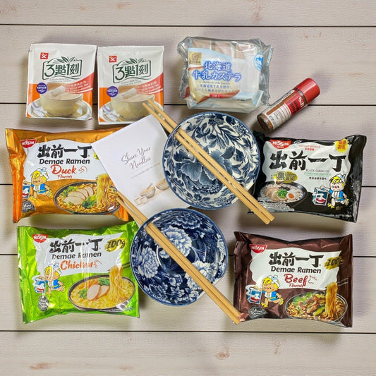 Nissin “Share Your Noodles” Gift Hamper for Two – Ramen Bowls, Milk Tea, Hokkaido Cake & Japanese Togarashi - Xihaha Oriental Food & Gifts