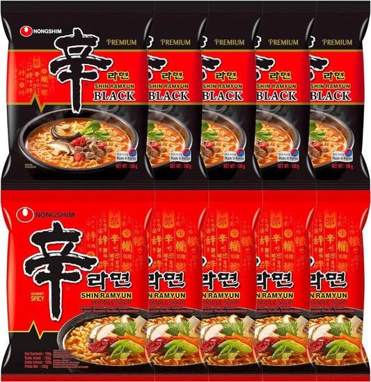 Nongshim Shin Black & Original Ramyun Korean Spicy Ramen Noodles Halal (Pack of 10)