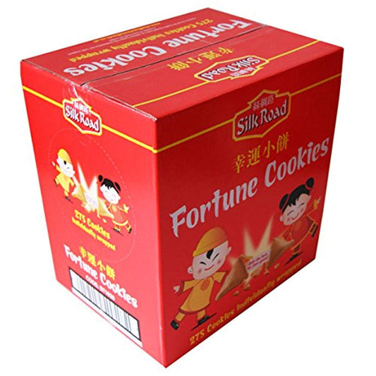 Red box of Silk Road Fortune Cookies with cartoon characters on a white background