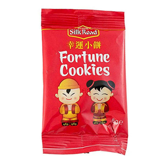 Red package of Silk Road Fortune Cookies with cartoon characters on a white background