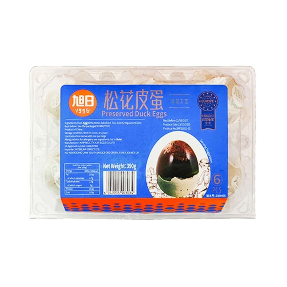 Xuri Duck Century Eggs 390g - Preserved Chinese Delicacy Duck Eggs - Ready to Eat - Authentic Asian Delicacy - Ideal for Breakfast, Congee Salads & Side Dishes - Xihaha Oriental Food & Gifts