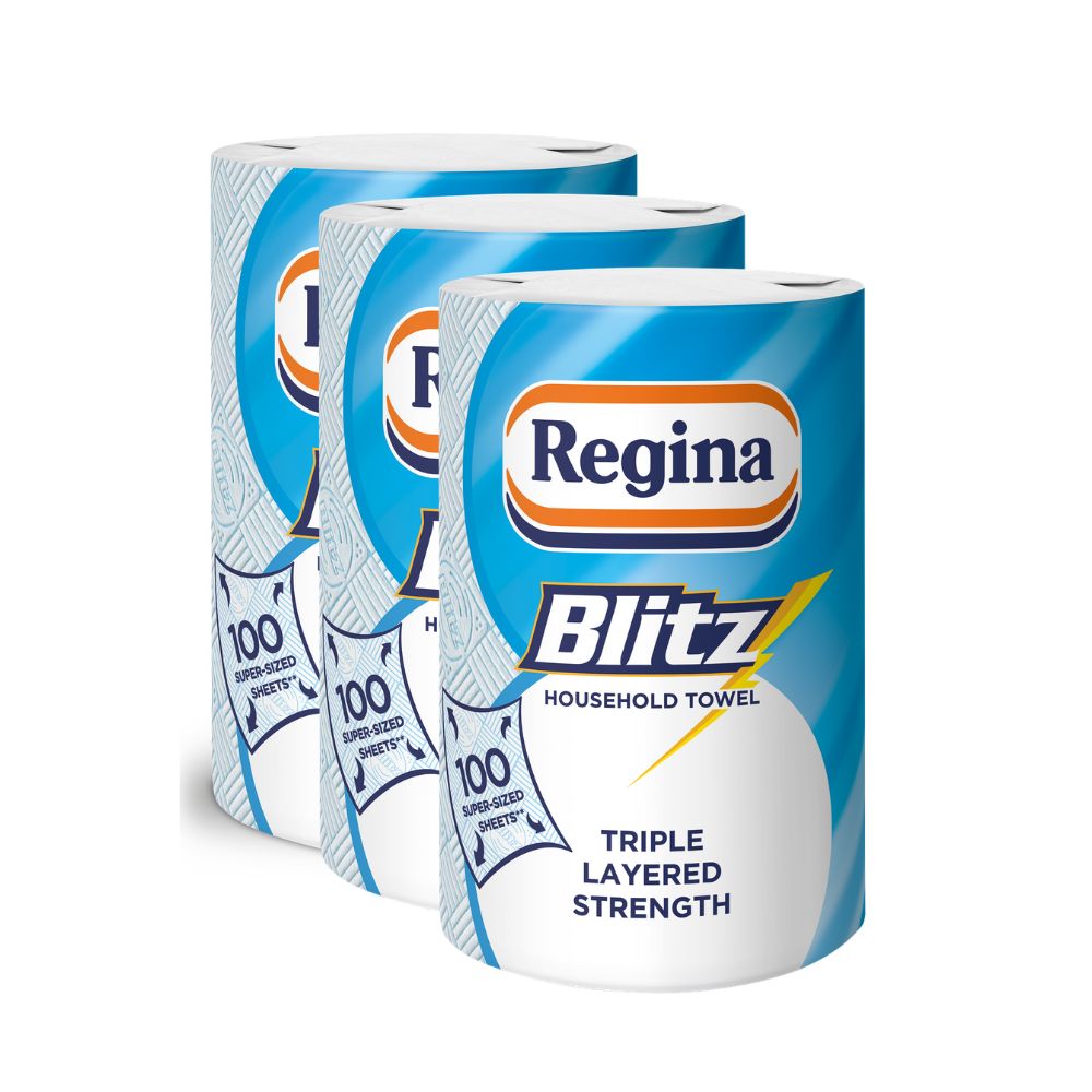 Regina Blitz Bigger Roll Household Towel – 100 Super-Sized 3-Ply Sheets - Choose
