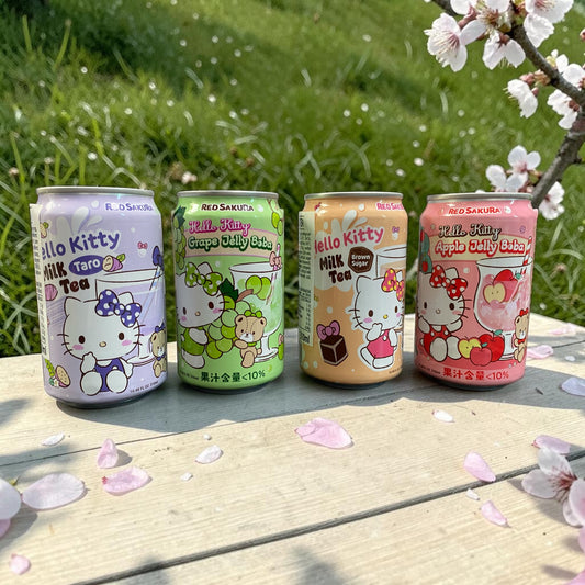 Hello Kitty Boba Drink Variety Pack – 4 Flavours (Brown Sugar, Taro, Grape Jelly, Apple Jelly) 310ml x 4 | Asian Bubble Tea Gift Set UK