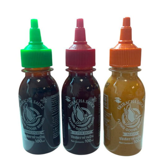 Exotic Food Mini Sriracha Sauce Selection Pack 3 x 100ml | Hot Chilli, Super Hot & Mayo Chilli Sauces - Xihaha Oriental Food & Gifts