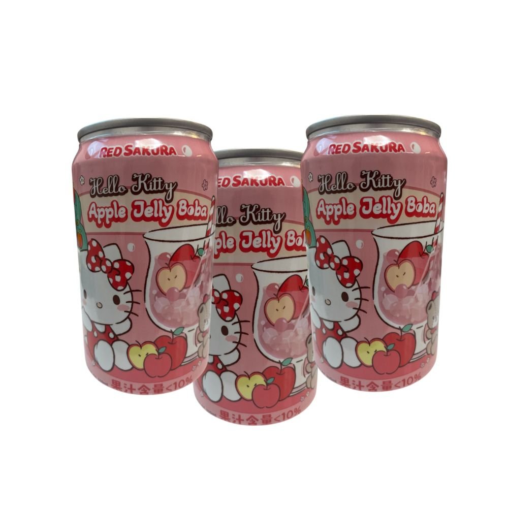 Hello Kitty Apple Jelly Boba Drink 310ml x 3 Cans – Fruit Jelly Bubble Tea Drink with Popping Jelly Pearls – Ready to Drink Taiwanese Beverage – Pack of 3 - Xihaha Oriental Food & Gifts