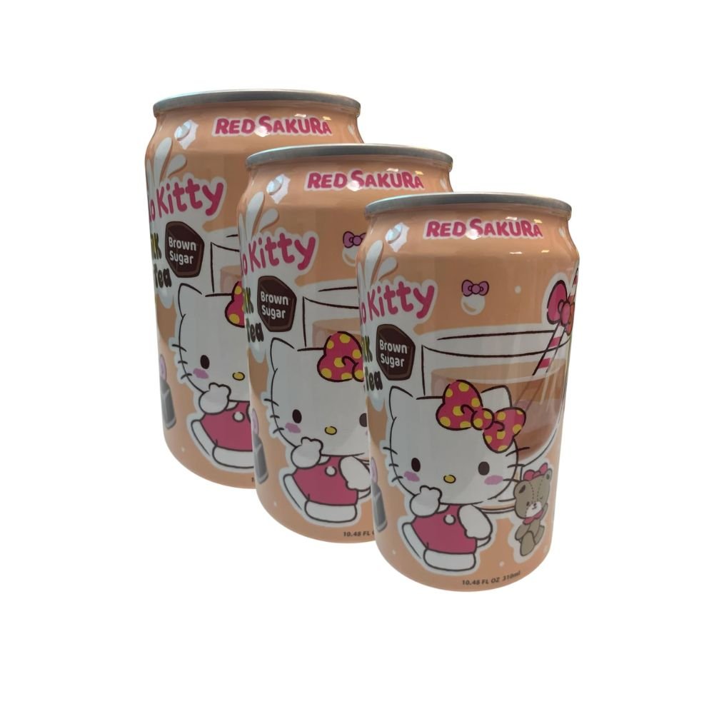 Hello Kitty Brown Sugar Milk Tea Drink 310ml x 3 Cans | Ready to Drink Taiwanese Milk Tea Beverage | Red Sakura Sanrio Licensed - Xihaha Oriental Food & Gifts
