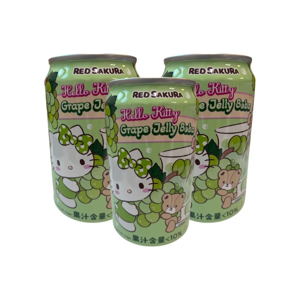 Hello Kitty Grape Jelly Boba Drink 310ml x 3 Cans | Grape Aloe Bubble Drink | Taiwanese Ready to Drink Boba Beverage | Red Sakura Sanrio - Xihaha Oriental Food & Gifts