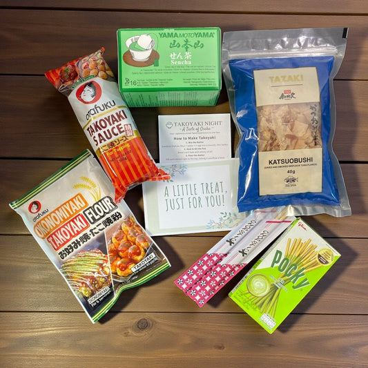 Japanese Takoyaki Foodie Gift Box – Takoyaki Sauce, Batter Mix, Bonito Flakes, Sencha Tea, Matcha Pocky & 2 Chopsticks – Osaka Street Food Cooking Kit - Xihaha Oriental Food & Gifts