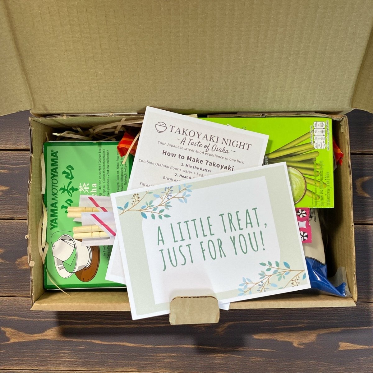 Japanese Takoyaki Foodie Gift Box – Takoyaki Sauce, Batter Mix, Bonito Flakes, Sencha Tea, Matcha Pocky & 2 Chopsticks – Osaka Street Food Cooking Kit - Xihaha Oriental Food & Gifts