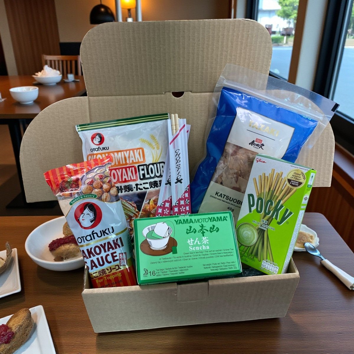 Japanese Takoyaki Foodie Gift Box – Takoyaki Sauce, Batter Mix, Bonito Flakes, Sencha Tea, Matcha Pocky & 2 Chopsticks – Osaka Street Food Cooking Kit - Xihaha Oriental Food & Gifts