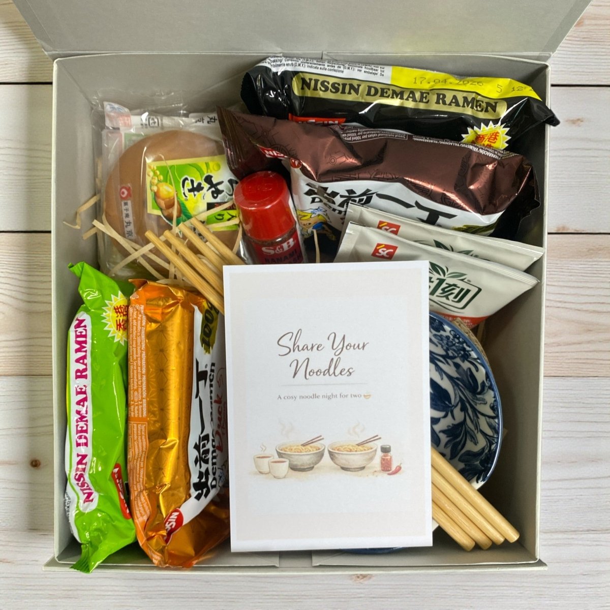 Nissin “Share Your Noodles” Gift Hamper for Two – Ramen Bowls, Milk Tea, Dorayaki & Japanese Togarashi - Xihaha Oriental Food & Gifts