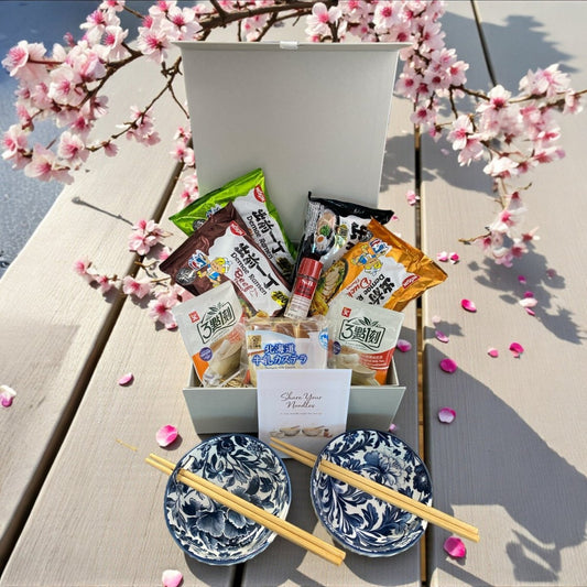 Nissin “Share Your Noodles” Gift Hamper for Two – Ramen Bowls, Milk Tea, Hokkaido Cake & Japanese Togarashi - Xihaha Oriental Food & Gifts