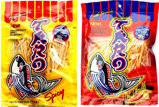 Taro Brand Fish Snack Twin Packs (Spicy &amp; Hot Chilli Flavours) 2 x 52g, Savoury Seafood Bites for Snacking Delight - Xihaha Oriental Food & Gifts