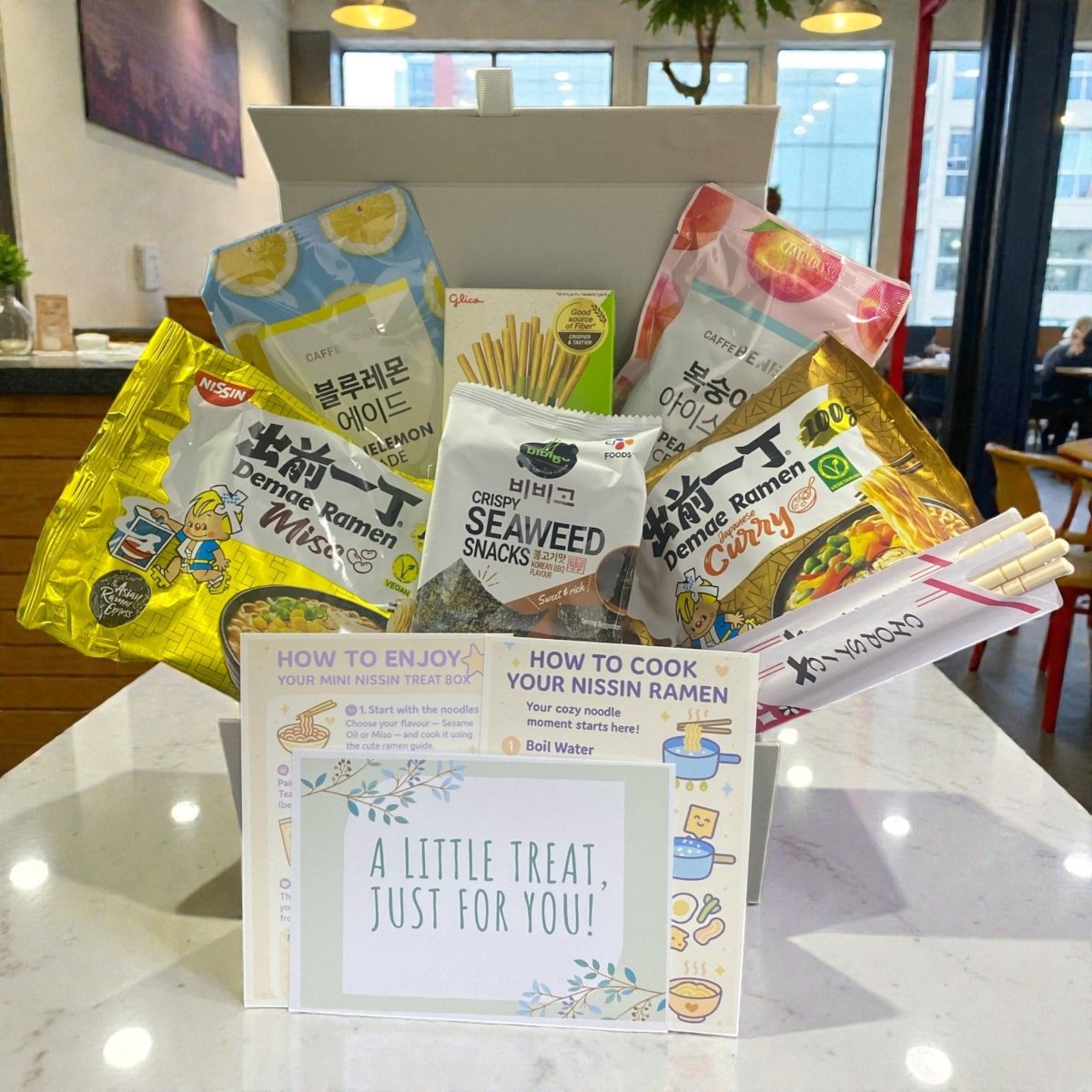 Vegetarian - Friendly Nissin Ramen Gift Food Snack Hamper Box - Pocky, Drinks & Seaweed, Kawaii Treat Set - Xihaha Oriental Food & Gifts